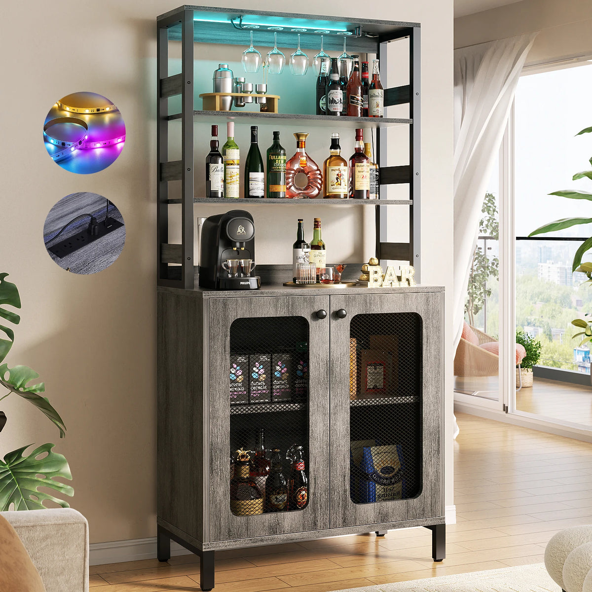 Aheaplus Bar Cabinet With LED Lights Glass Holder And Outlets