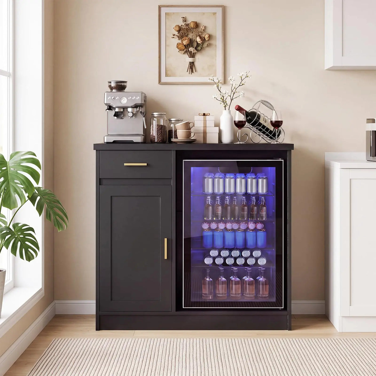 HiMISS Farmhouse Mini Fridge Wine Bar Cabinet With Storage