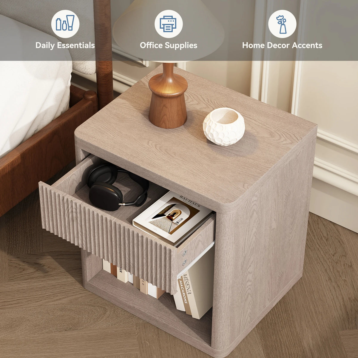 JHK 23IN Wooden End Table with Fluted Front Living Room Cabinet Mid Century Modern Night Stand with Drawer and Open Shelf Sturdy Compact Sofa Side Table for Bedroom