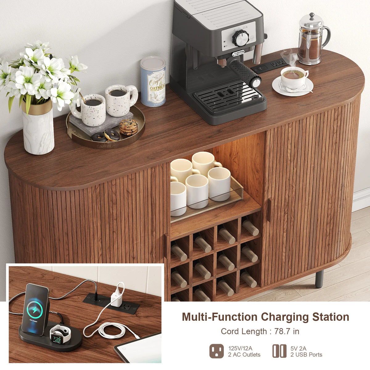 Wine Bar Cabinet w/ LED Light,Liquor Cabinet for Home,Coffee Bar Cabinet w/ Wine Rack & Glass Holder,Walnut Buffet Sideboard