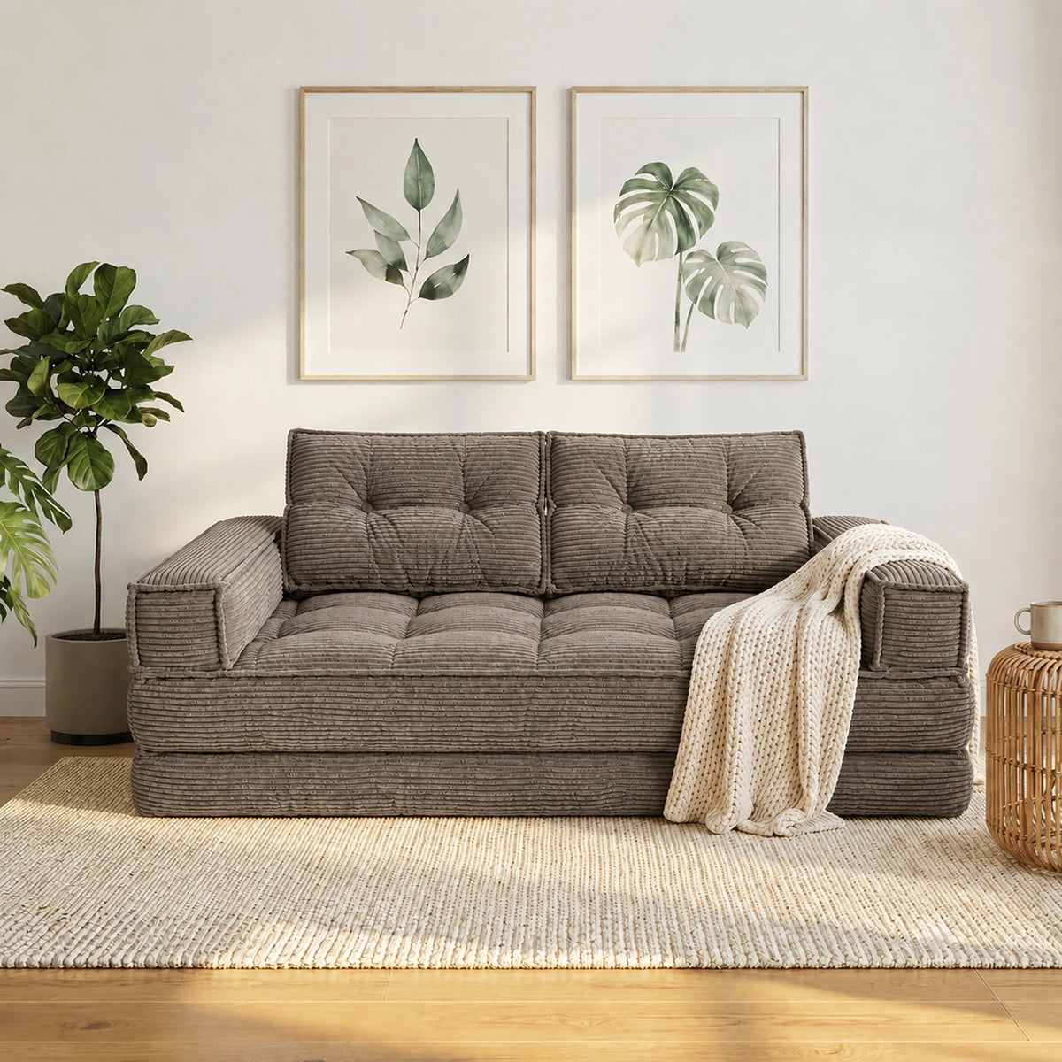 51" Modular Corduroy Floor Couch with Chaise, 2-in-1 Boneless Convertible Sofa Bed, Lazy Double Loveseat with Armrests for Living Room, Apartment & Game Room