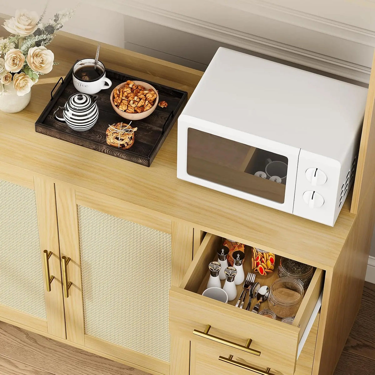 HiMISS Rattan Pantry Cabinet With Drawers Hooks And Adjustable Shelves