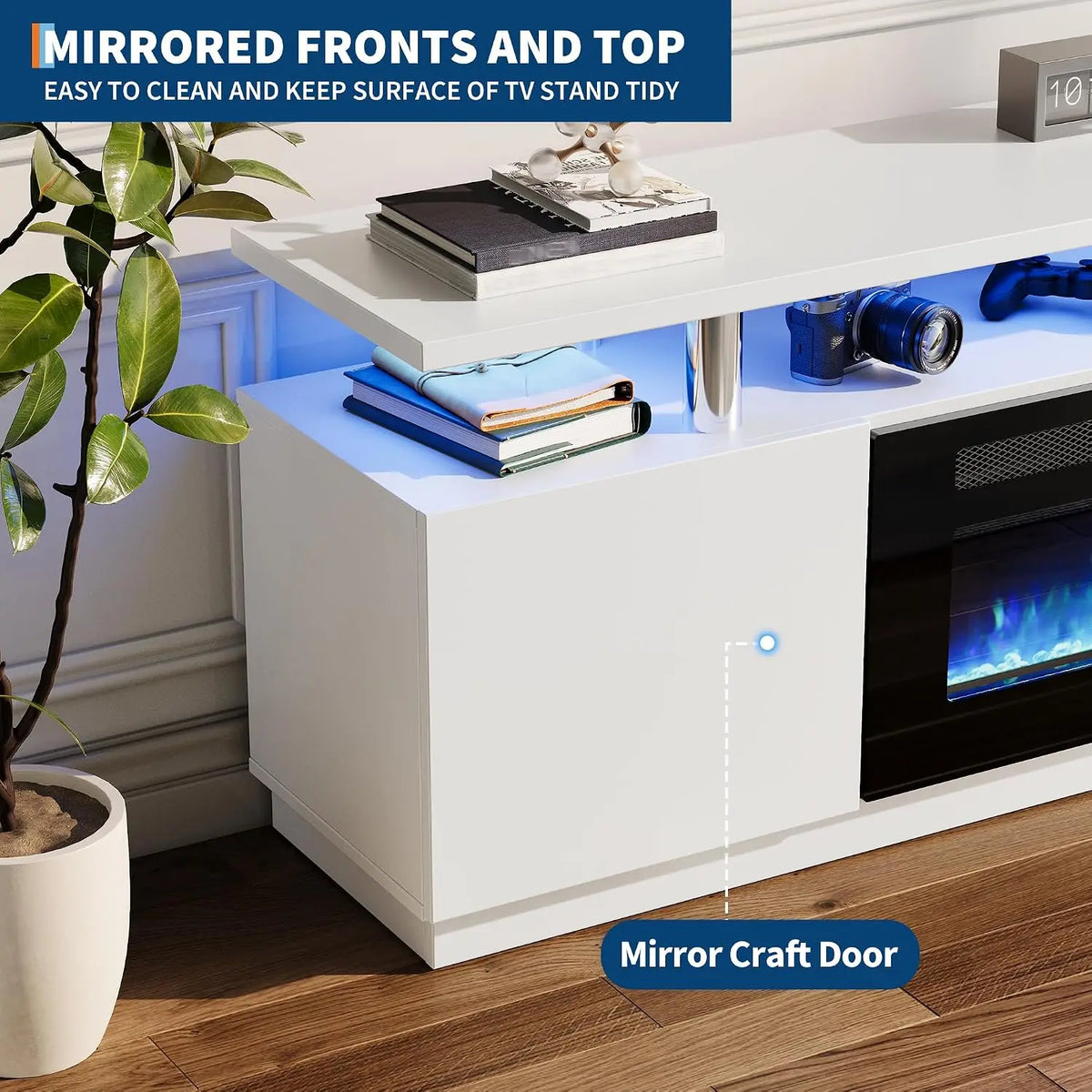 Modern Electric Fireplace TV Stand With Cabinets And Media Storage