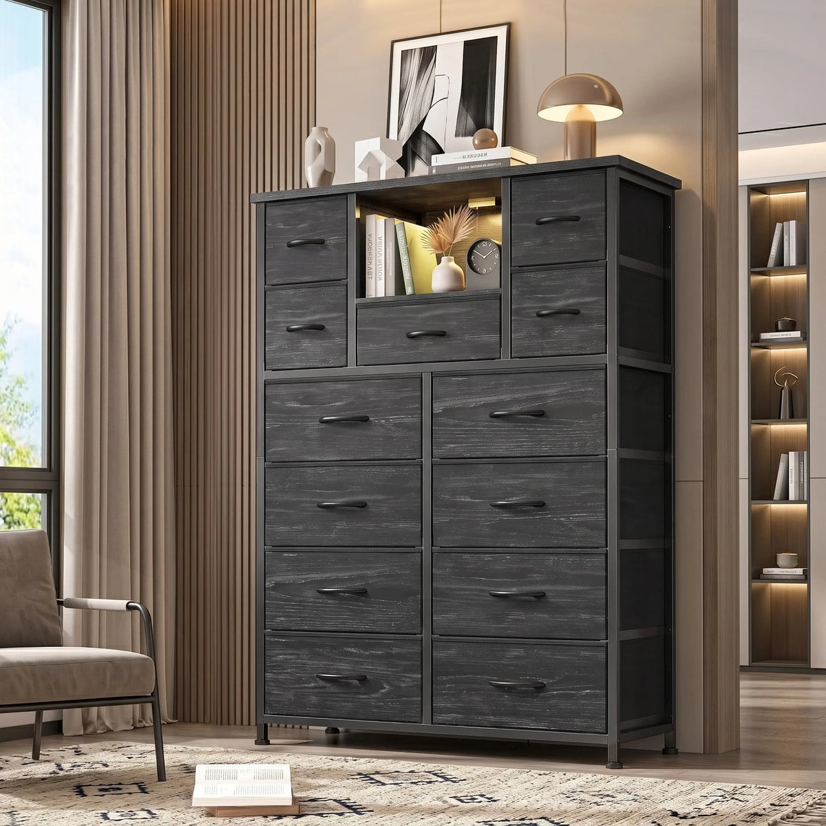 EnHomee Fabric Dresser With LED Lights And Charging Hub Organizer