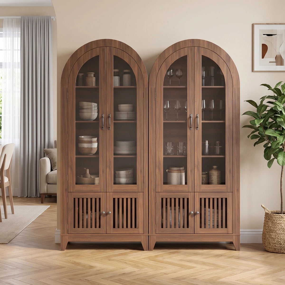 TCGBKAF Modern Farmhouse 68.9" Tall Arched Display Cabinet, Wooden Glass Door Pantry Cabinet with Adjustable Shelf for Living Room, Dining Room, Entryway Home Furniture