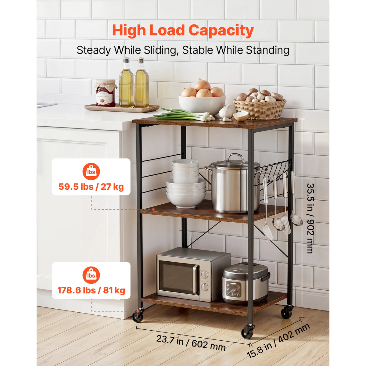 SucceBuy Three Tier Kitchen Utility Cart With Microwave Shelf and Hooks