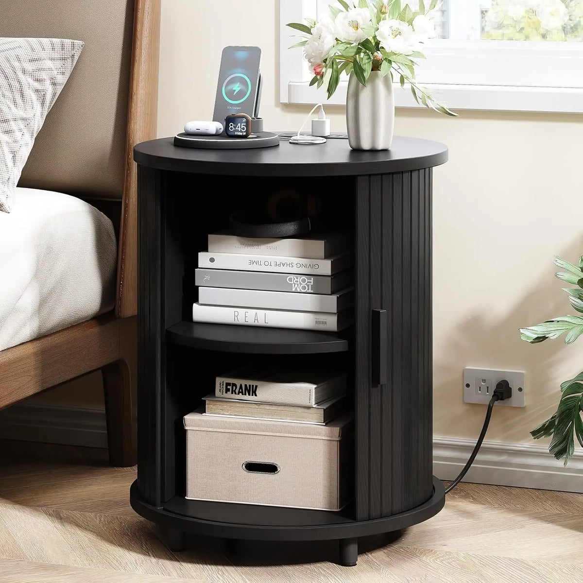 ONBRILL Fluted Round End Table With Storage For Bedroom malembe