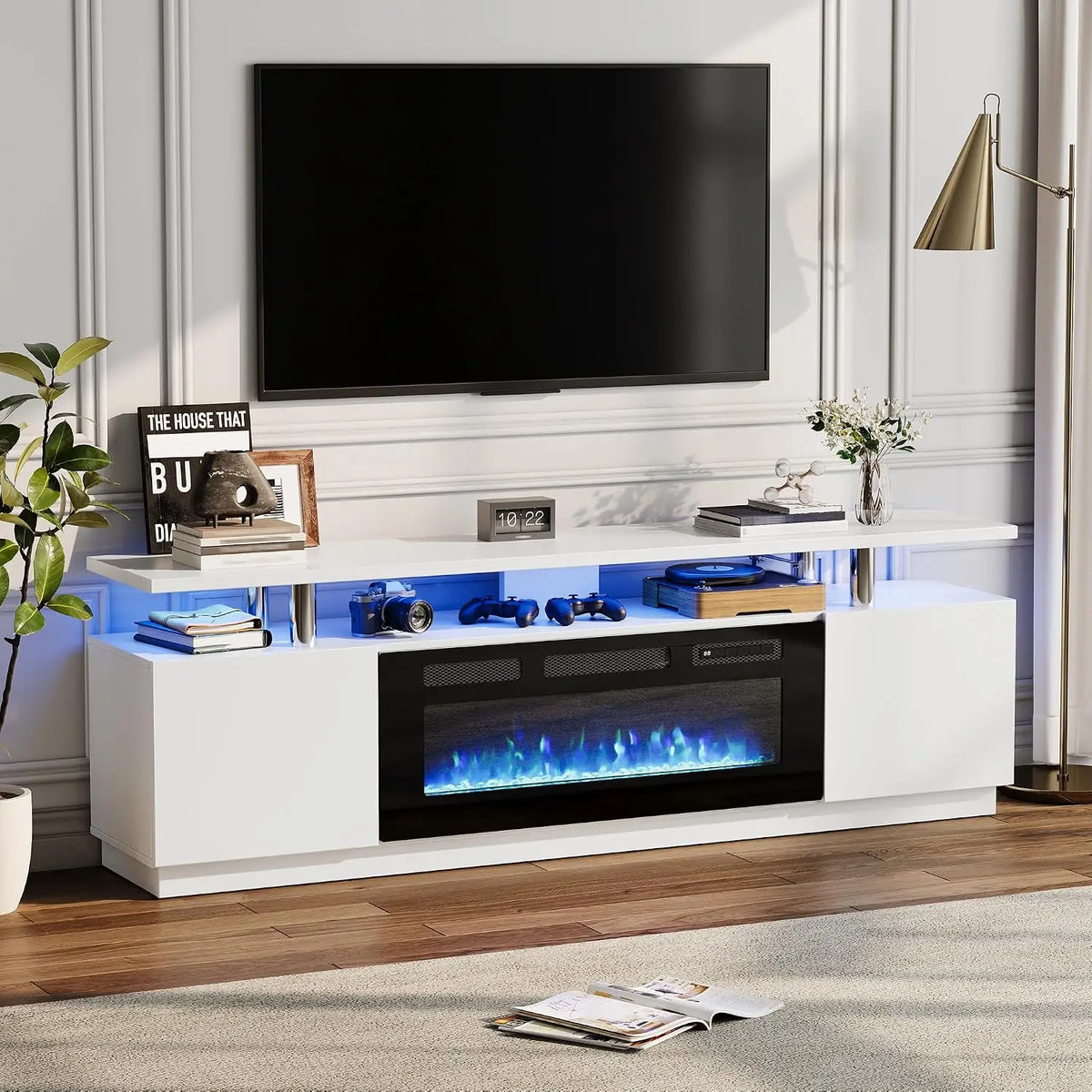 Modern Electric Fireplace TV Stand With Cabinets And Media Storage