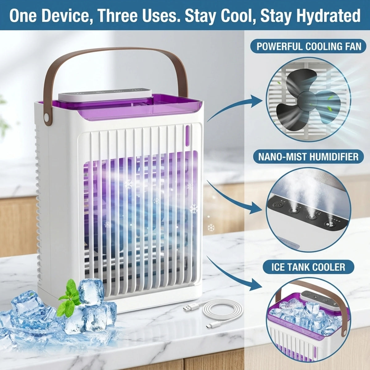 Portable Evaporative Air Cooler And Humidifier With USB Fan