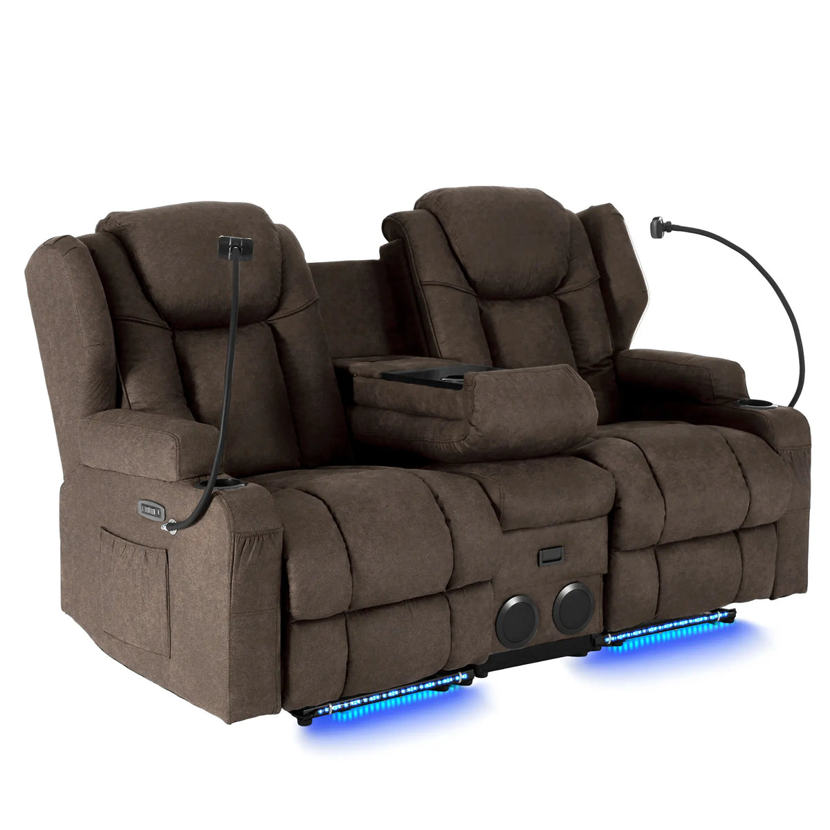 Redlife Loveseat Recliner Sofa with Console, Manual Pull Reclining Couch, Heating & Massage, USB & Power Outlet, Phone Holders, Bluetooth Speakers, Storage Drawer