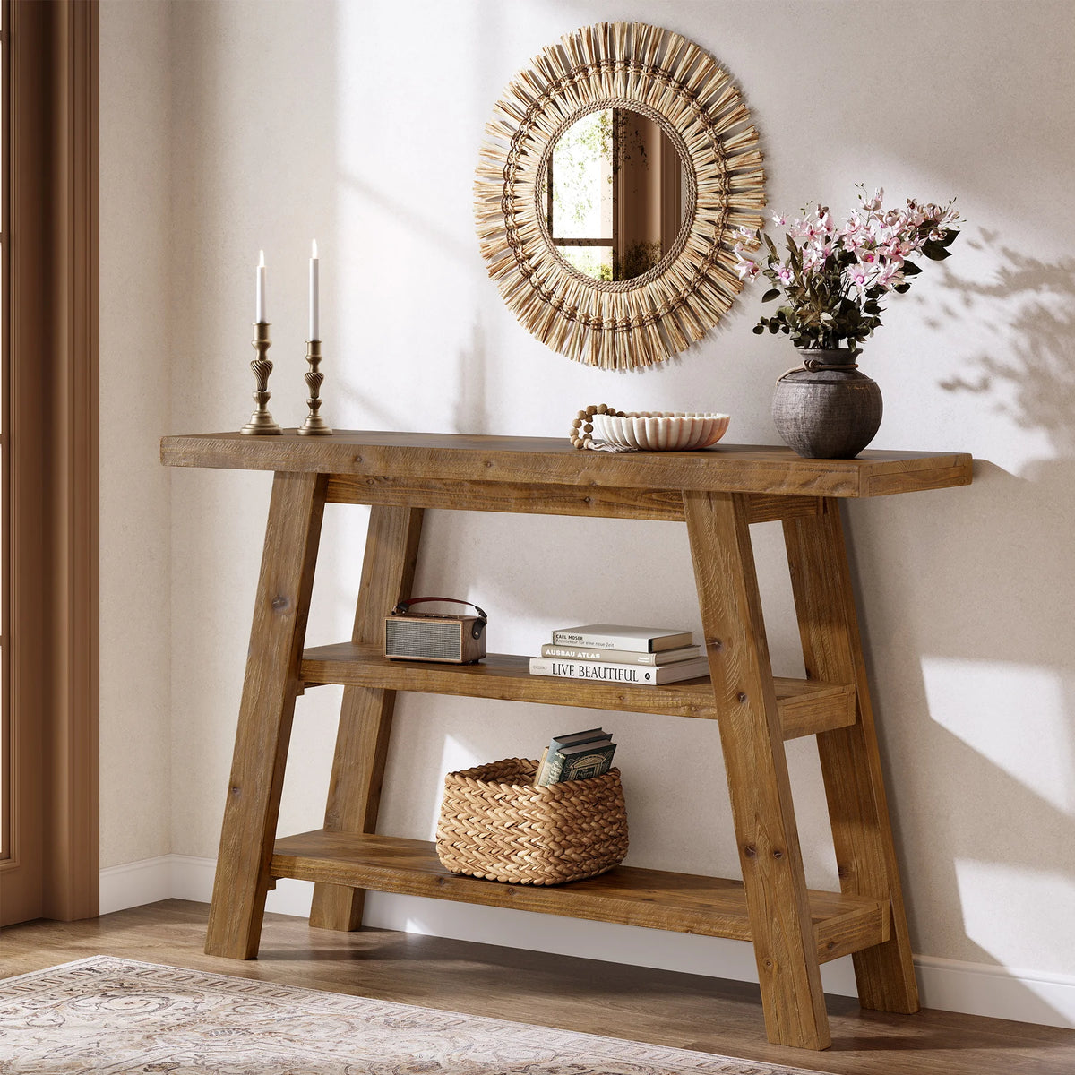 Tribesigns Rustic Wood Console Table With Three Tier Storage Shelves