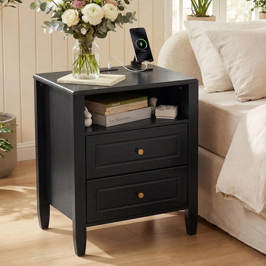 Nightstand with Charging Station 2 Drawers and Open Shelf Modern Bedside Table End Table with USB Type C Port AC Outlet Farmhouse Storage Cabinet for Bedroom Living Room Dorm Black