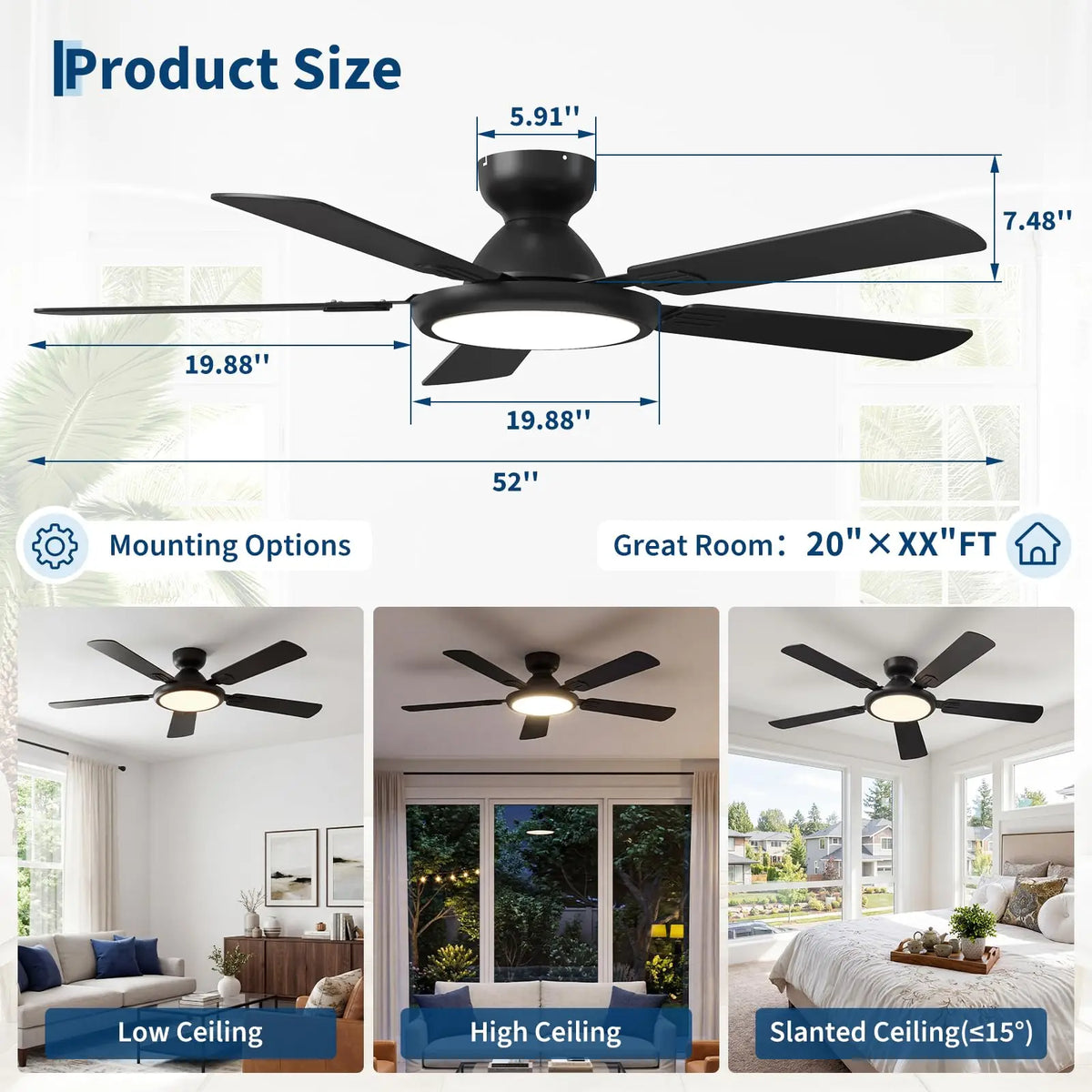 52" Smart Ceiling Fan With Lights, Compatible With Alexa, WiFi App & Remote, Low Profile Flush Mount, Quiet DC Motor