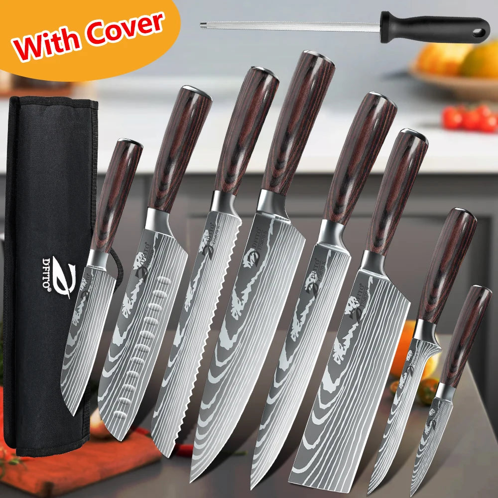KEPEAK Stainless Steel Kitchen Knife Set With Chef Santoku Cleaver