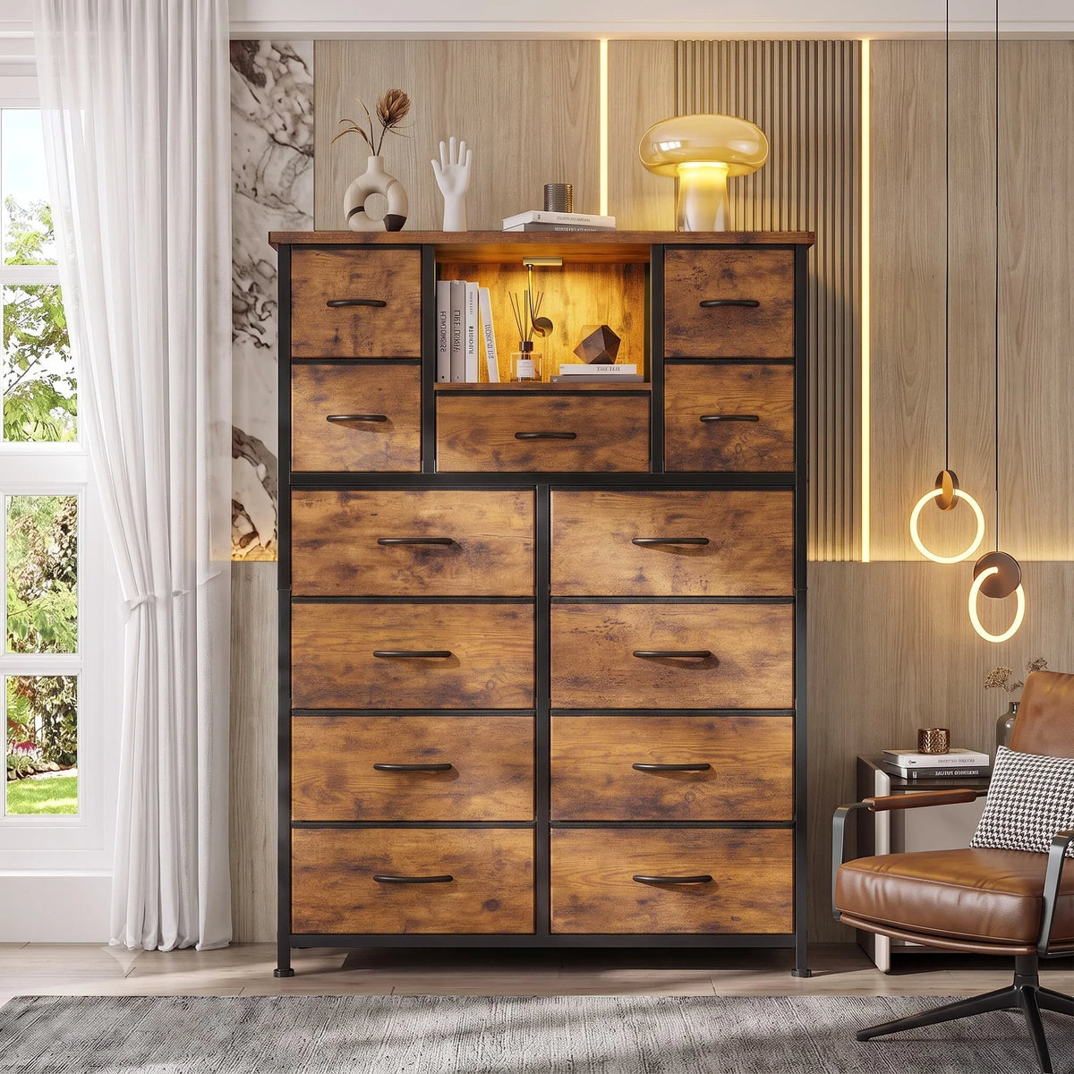 EnHomee Fabric Dresser With LED Lights And Charging Hub Organizer