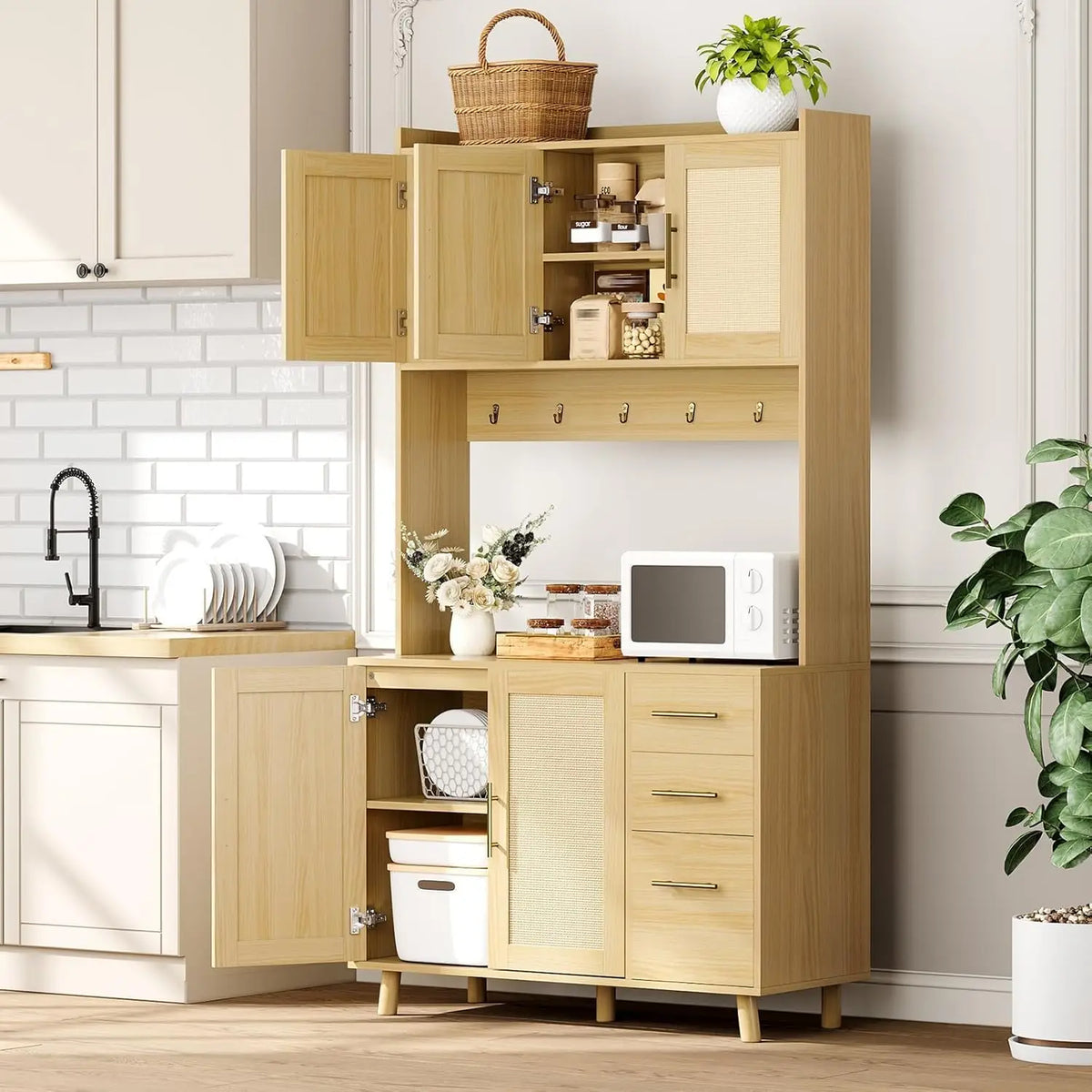 HiMISS Rattan Pantry Cabinet With Drawers Hooks And Adjustable Shelves
