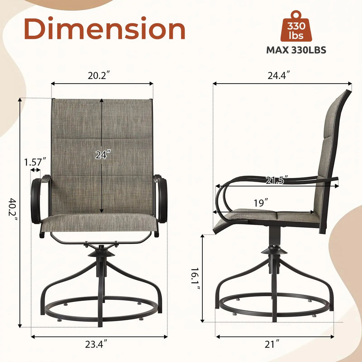 Set Of Two Outdoor Patio Padded Swivel Chairs With Cushions