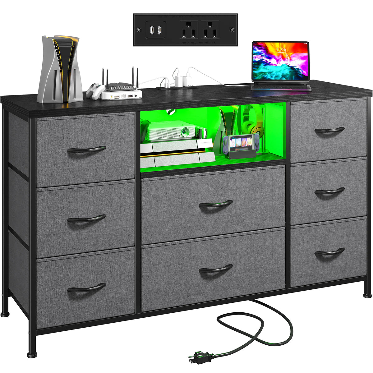 EnHomee Media Dresser With LED Lighting And Charging Station