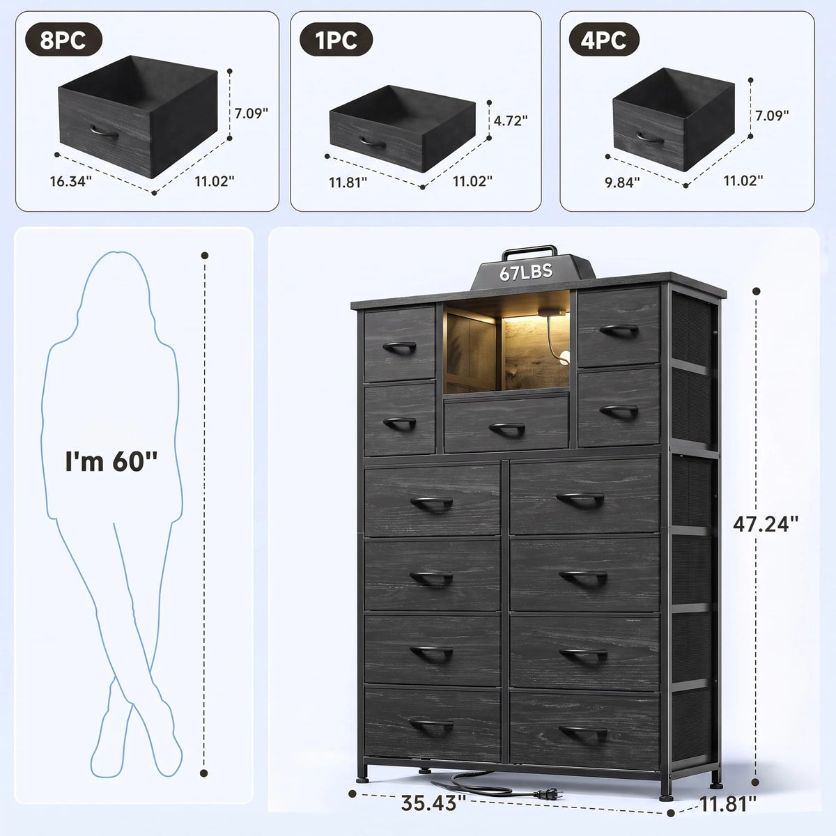 EnHomee Fabric Dresser With LED Lights And Charging Hub Organizer