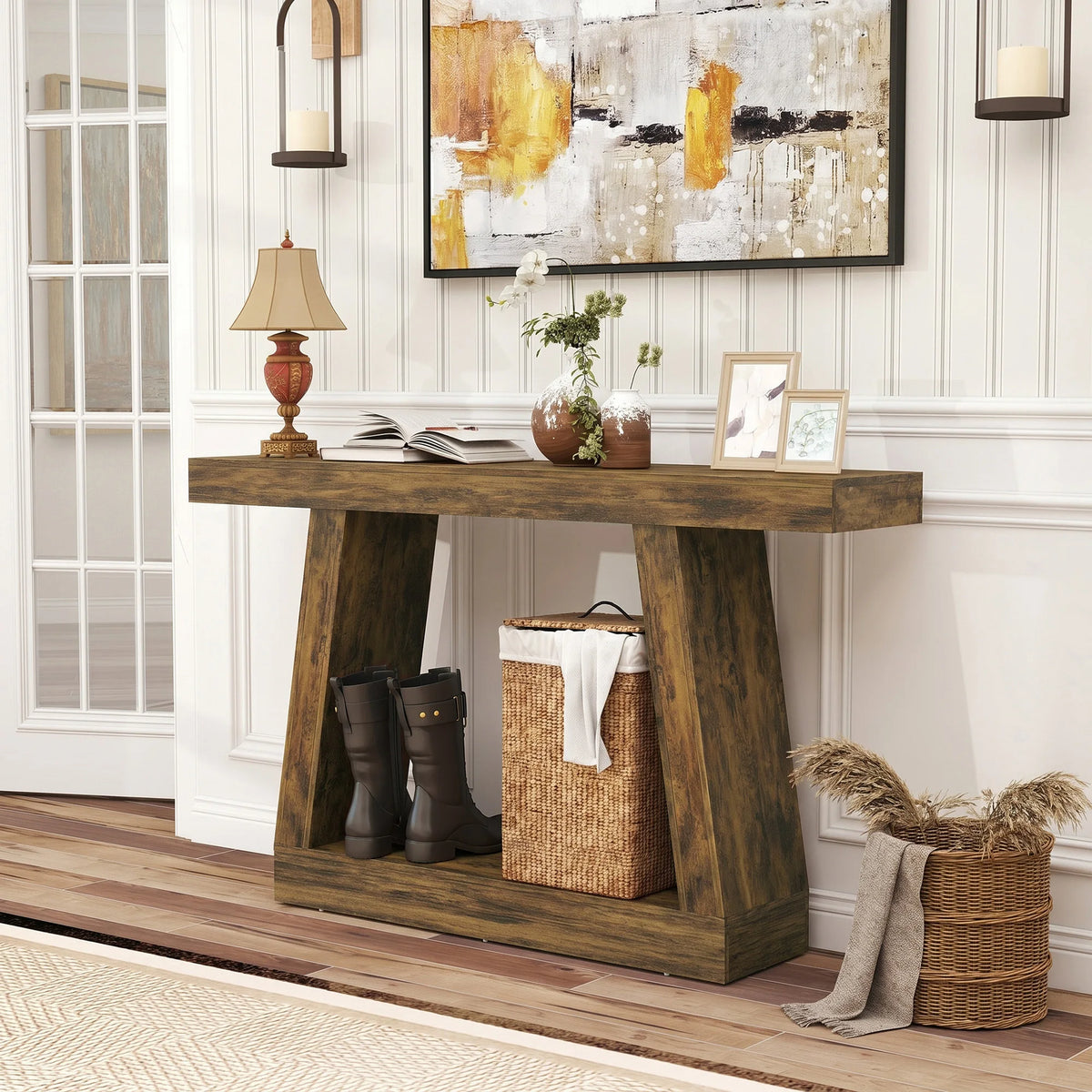 HOMCOM Farmhouse Console Table With Two Tier Storage Shelf