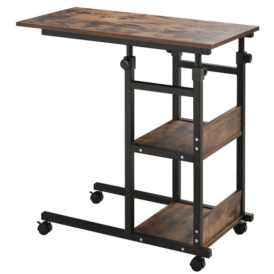 HOMCOM Industrial C Shaped Rolling Sofa Side Table With Storage