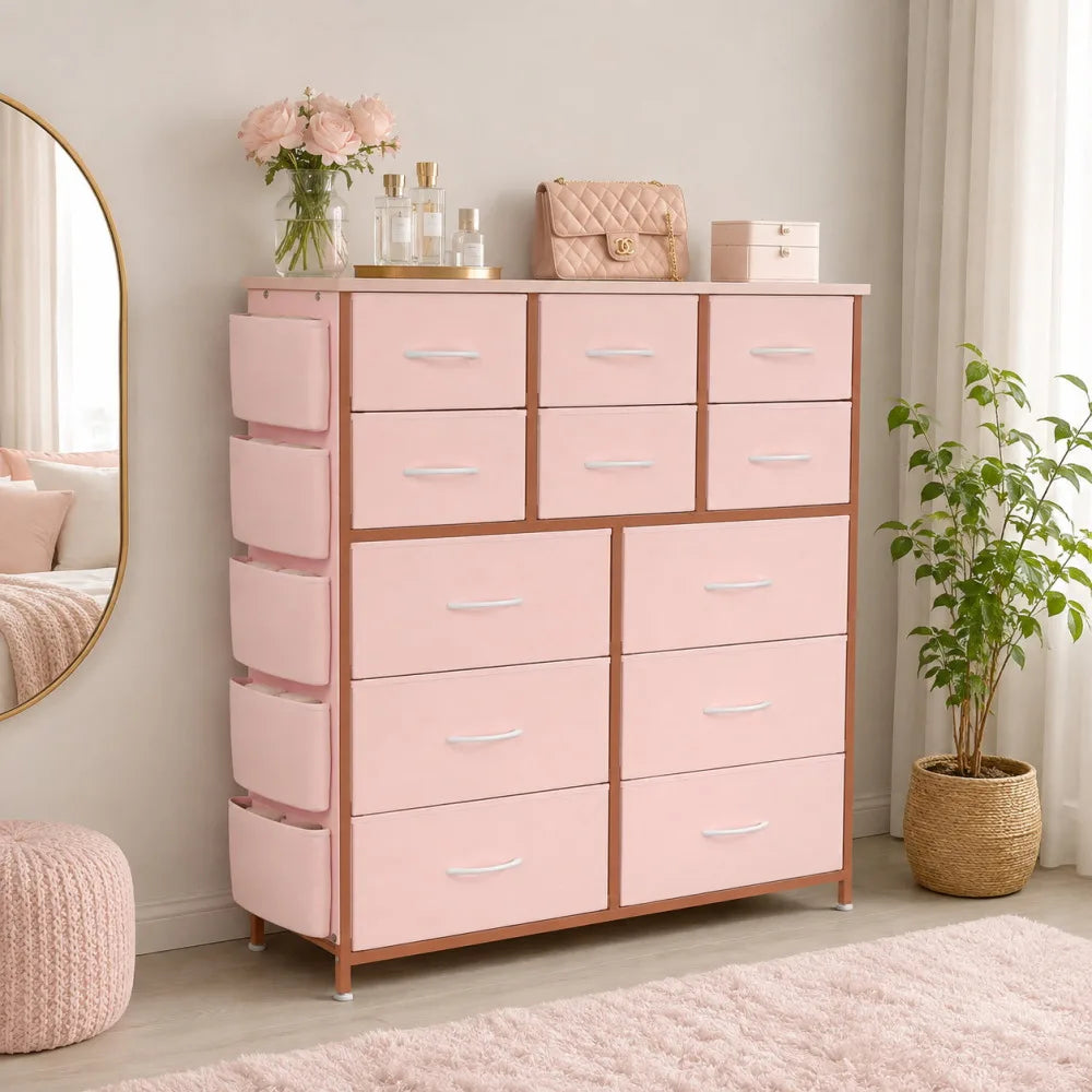 ANIXOL 12 Drawer Fabric Dresser With Wood Top Steel Frame