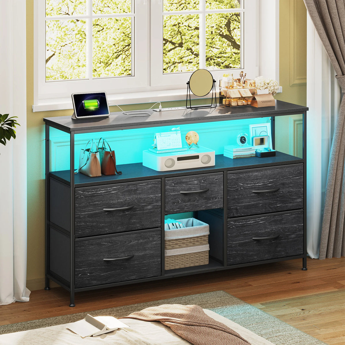 EnHomee 5‑Drawer TV Console with LED Accent Lights – 45/50" Compatible, Metal Frame, Leveling Feet, Scratch‑Resistant Top, Quick Assembly – Spacious Shelves + Fabric Drawers – Ideal for Dorm, Apartment, Living Room