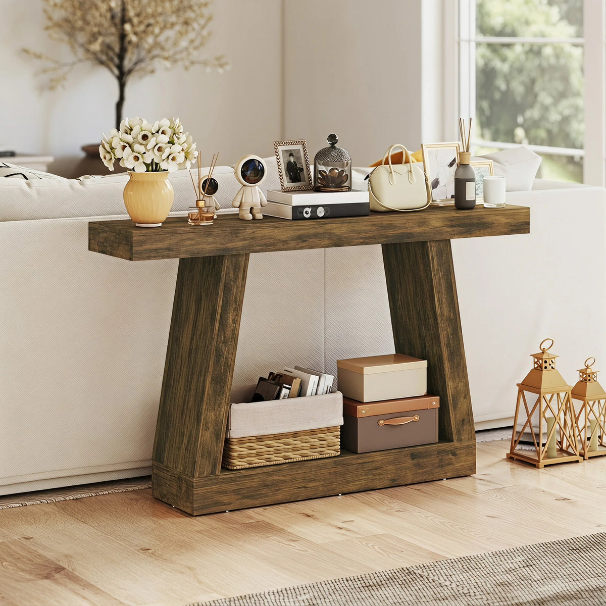 HOMCOM Farmhouse Console Table With Two Tier Storage Shelf