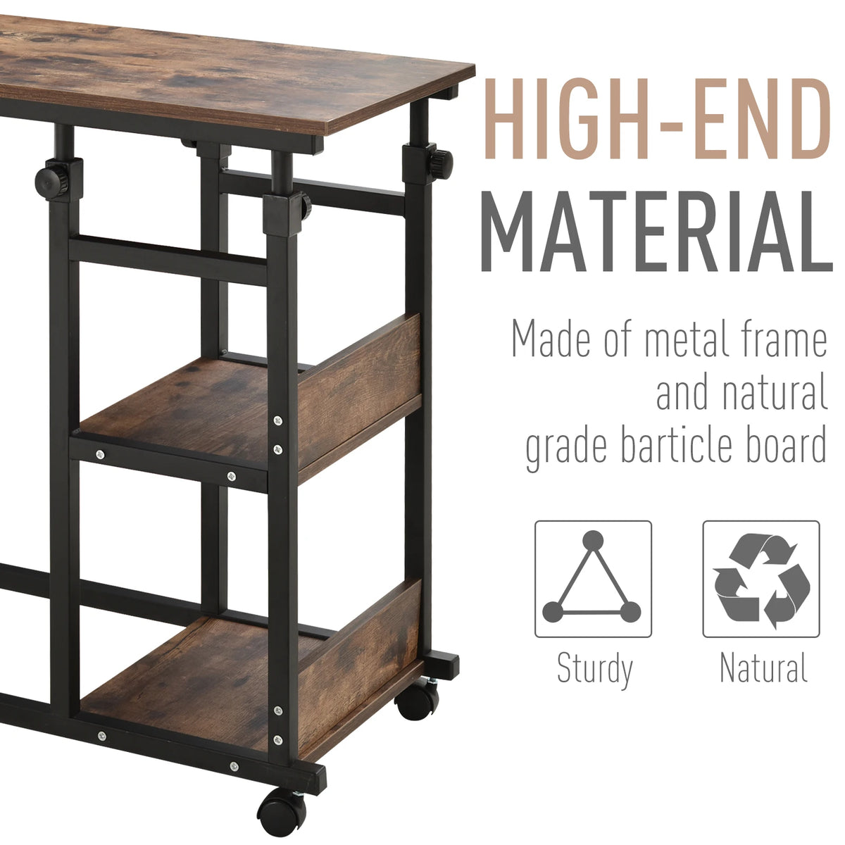 HOMCOM Industrial C Shaped Rolling Sofa Side Table With Storage
