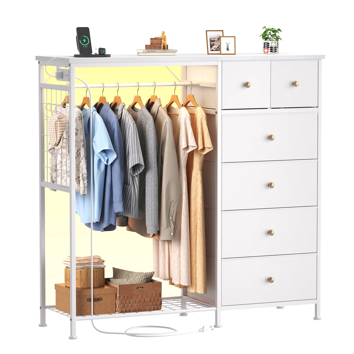 JHK Fabric Dresser With Hanging Rack And Charging Station