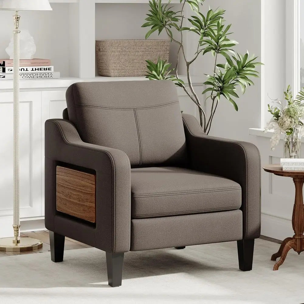 Linen Upholstered Armchair With Wooden Frame For Living Room