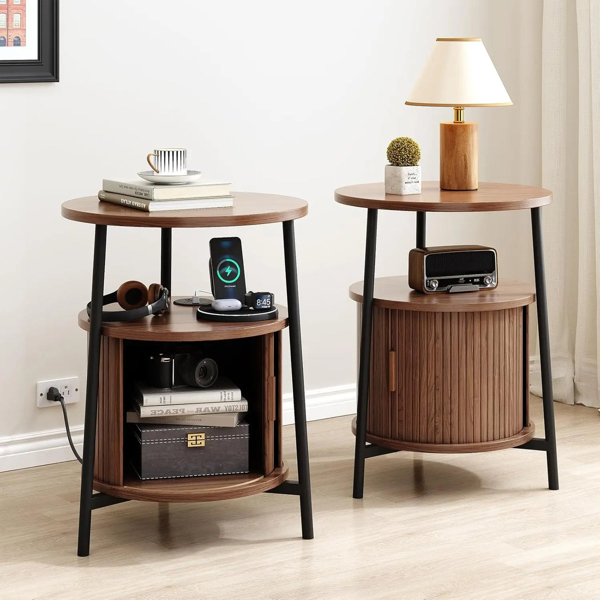 ONBRILL Fluted Round End Table With Storage For Bedroom malembe