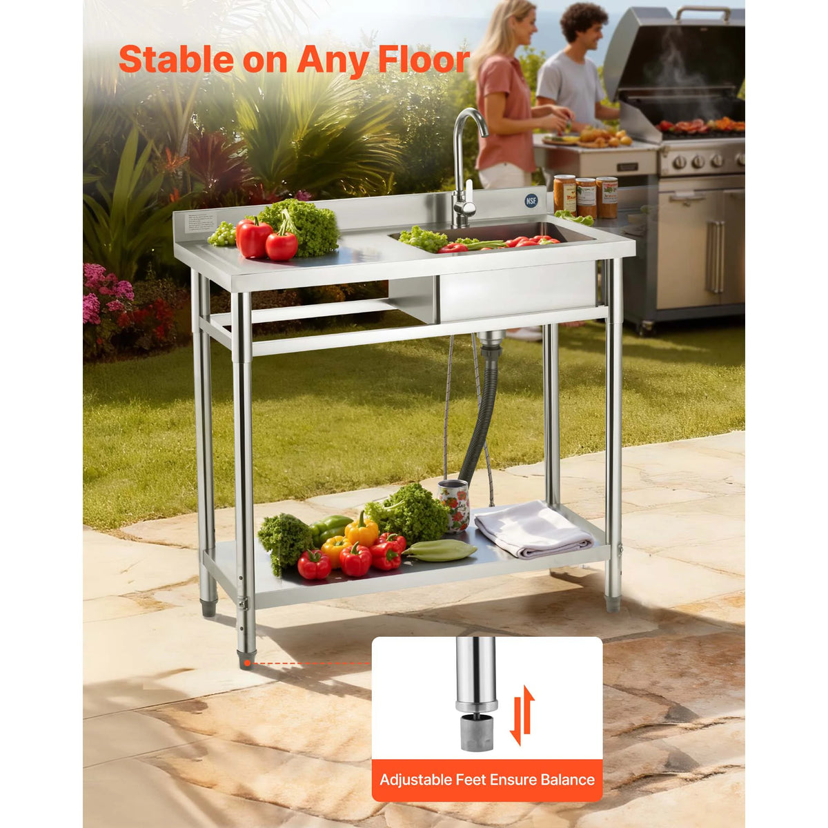 SucceBuy Stainless Steel Utility Sink 39.4/47 x 19.7 x 37 in Commercial Kitchen Sink with Hot & Cold Water Pipe for Restaurant