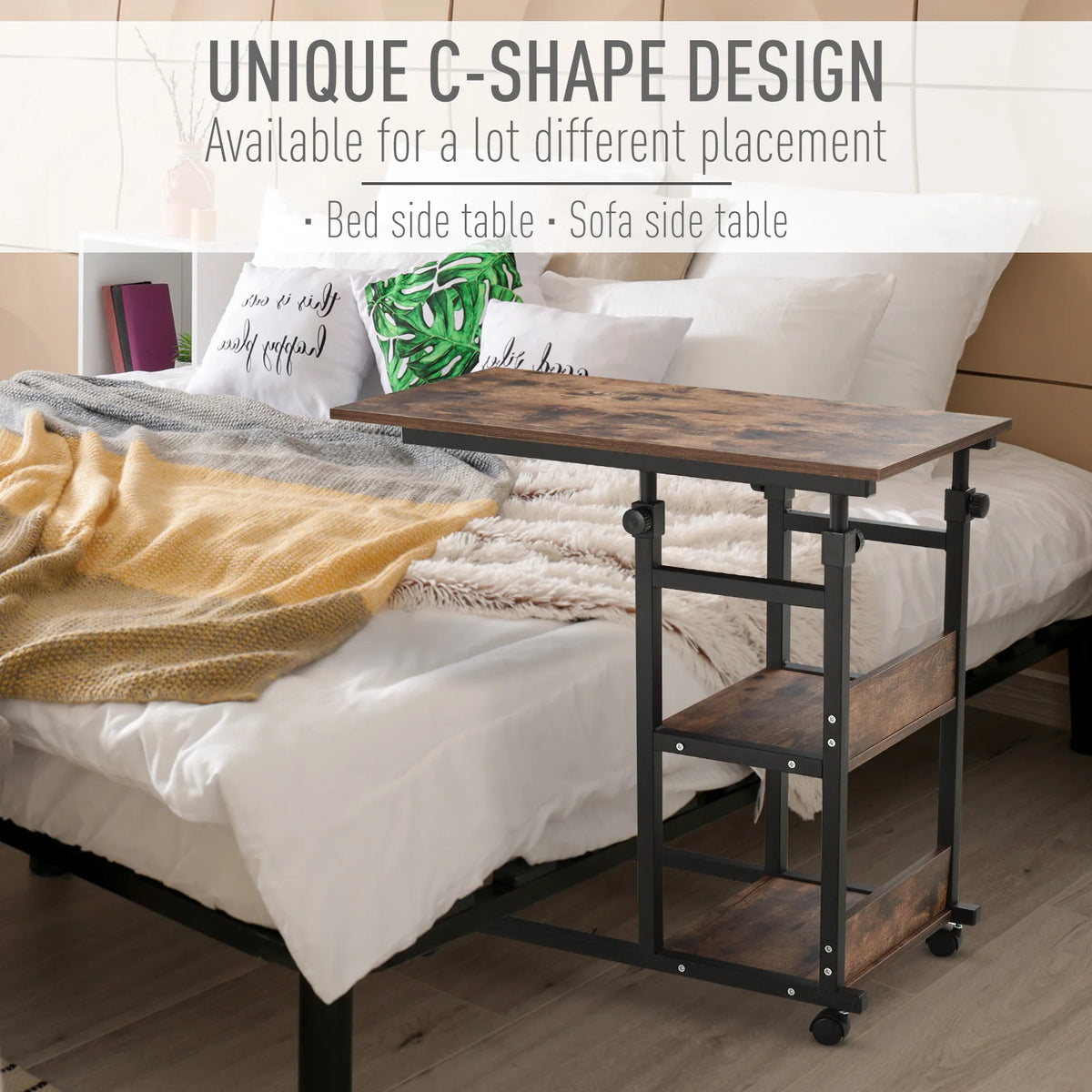 HOMCOM Industrial C Shaped Rolling Sofa Side Table With Storage