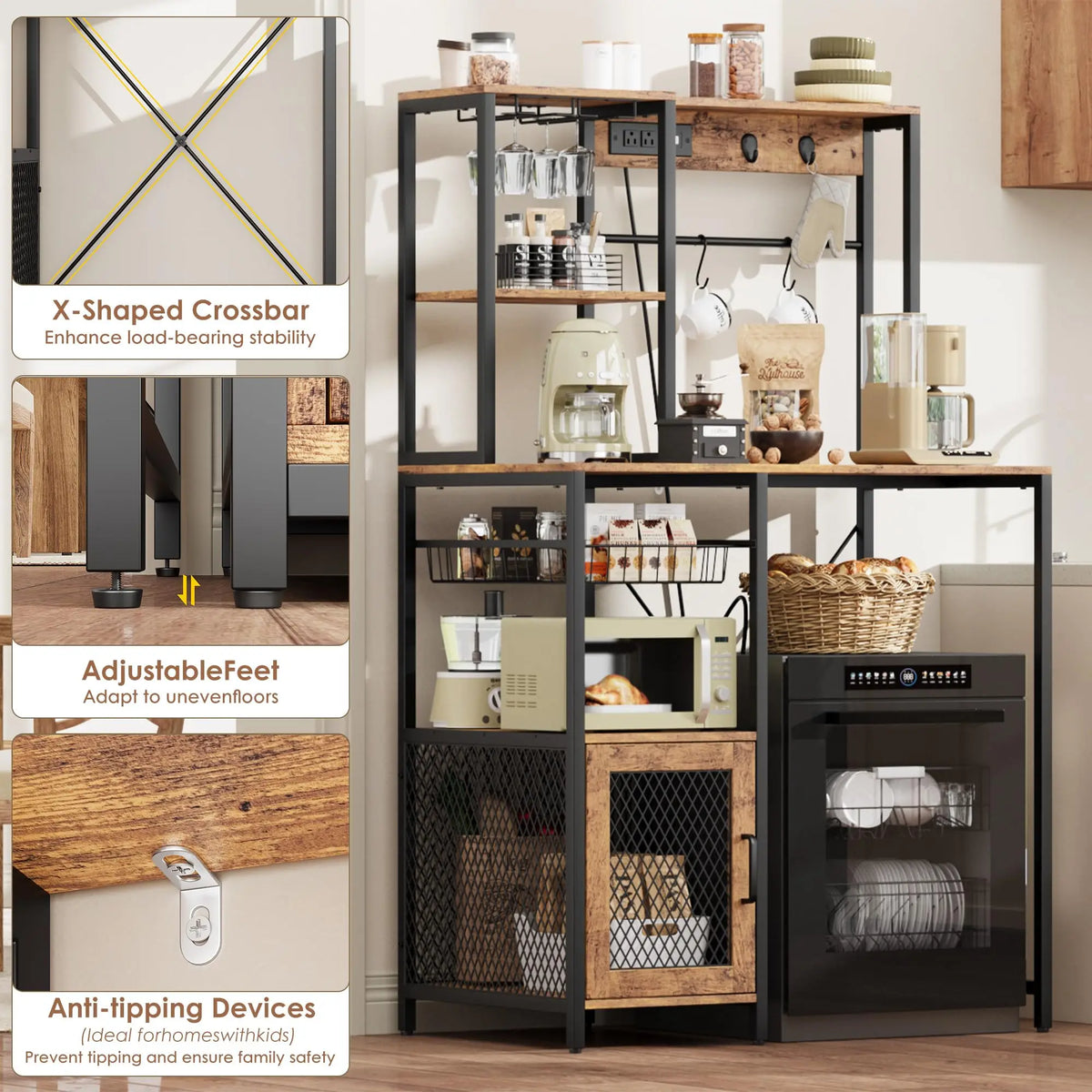 Kitchen Bakers Rack With Power Outlet And Storage Cabinet