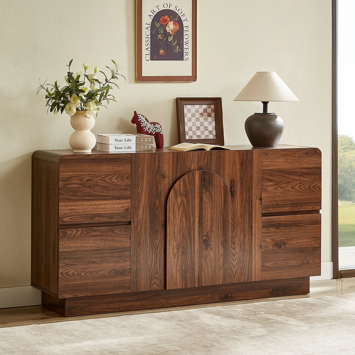 ONBRILL Modern Sideboard Cabinet With Drawers And Arched Doors