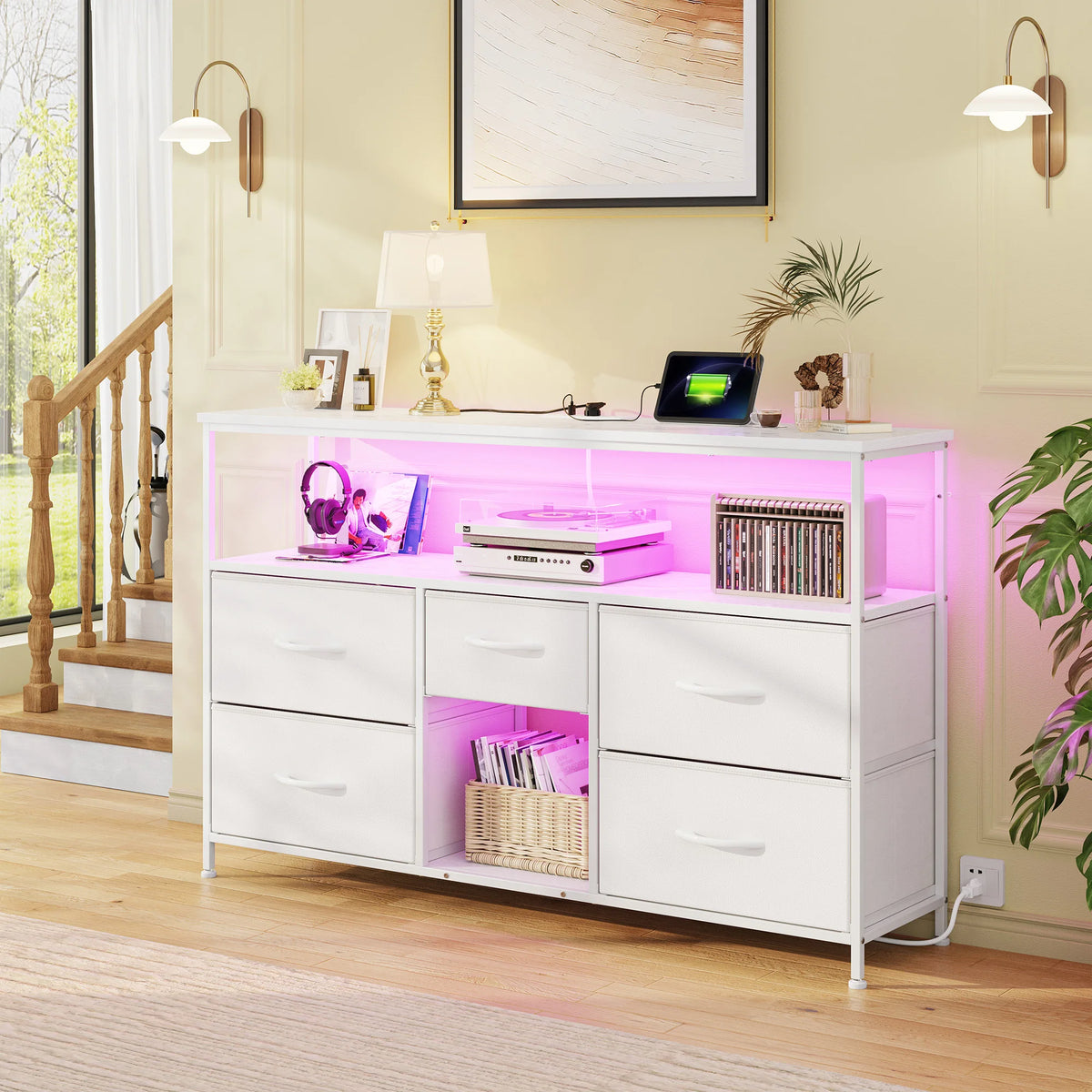 EnHomee Modern TV Console With LED Lights And Fabric Drawers