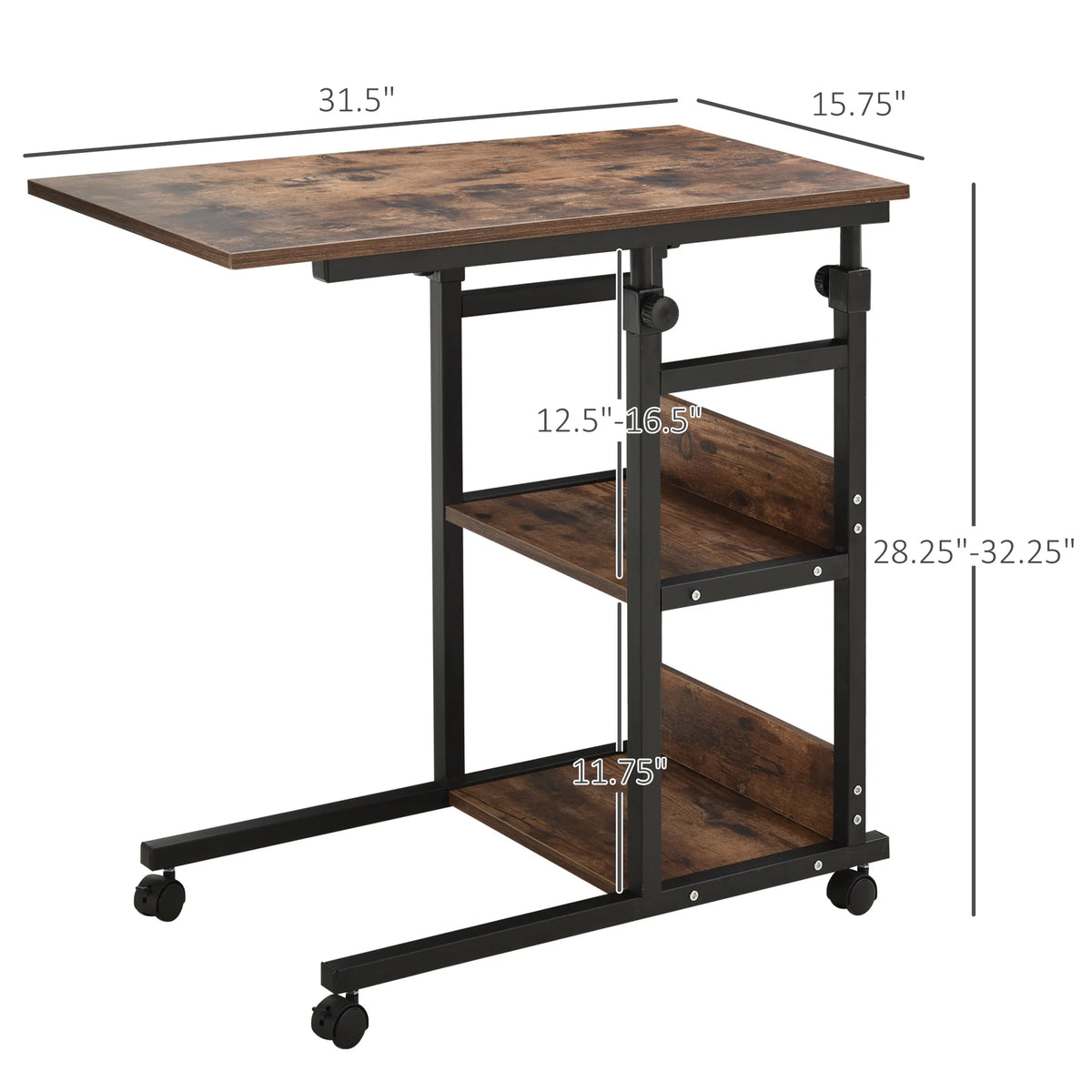 HOMCOM Industrial C Shaped Rolling Sofa Side Table With Storage