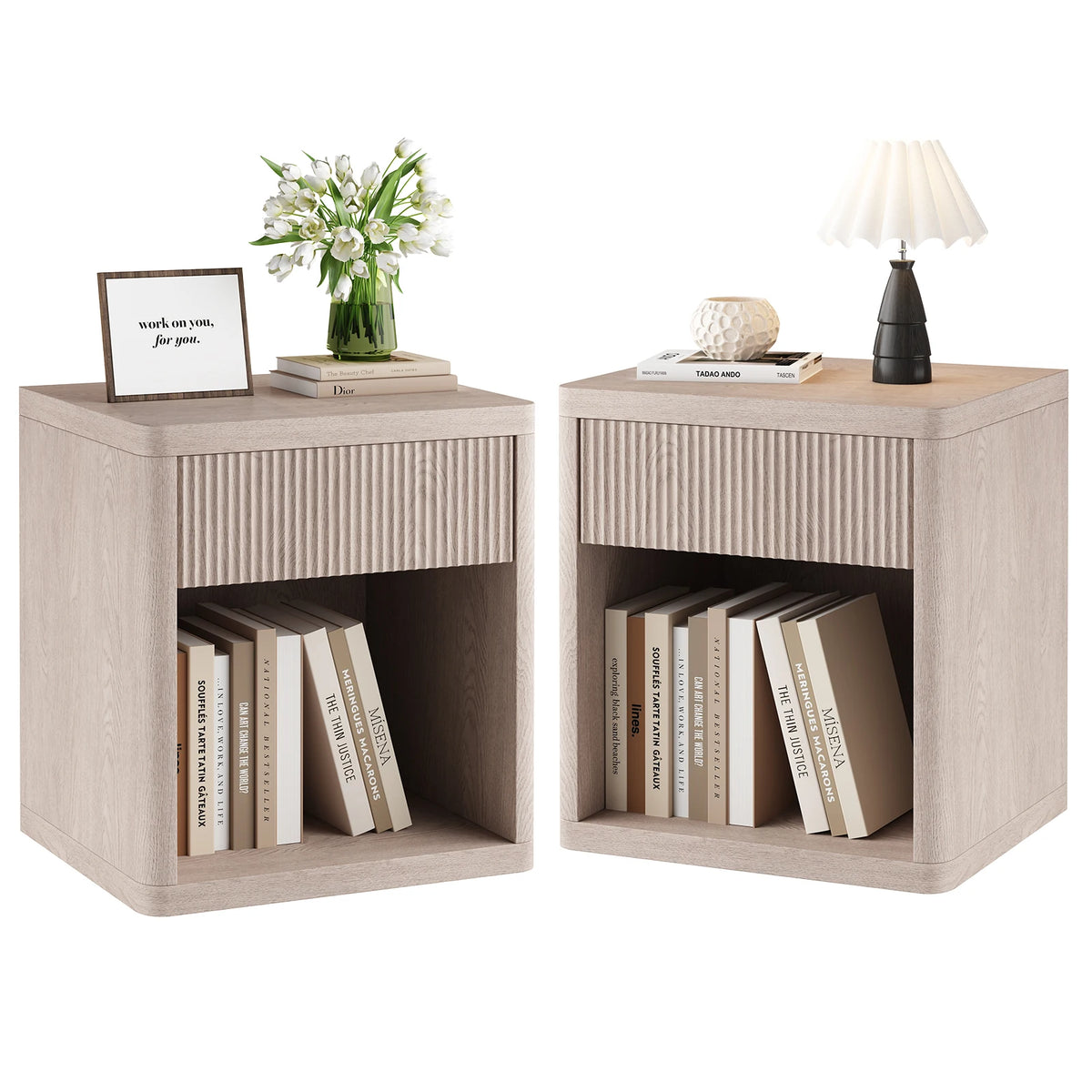 JHK 23IN Wooden End Table with Fluted Front Living Room Cabinet Mid Century Modern Night Stand with Drawer and Open Shelf Sturdy Compact Sofa Side Table for Bedroom