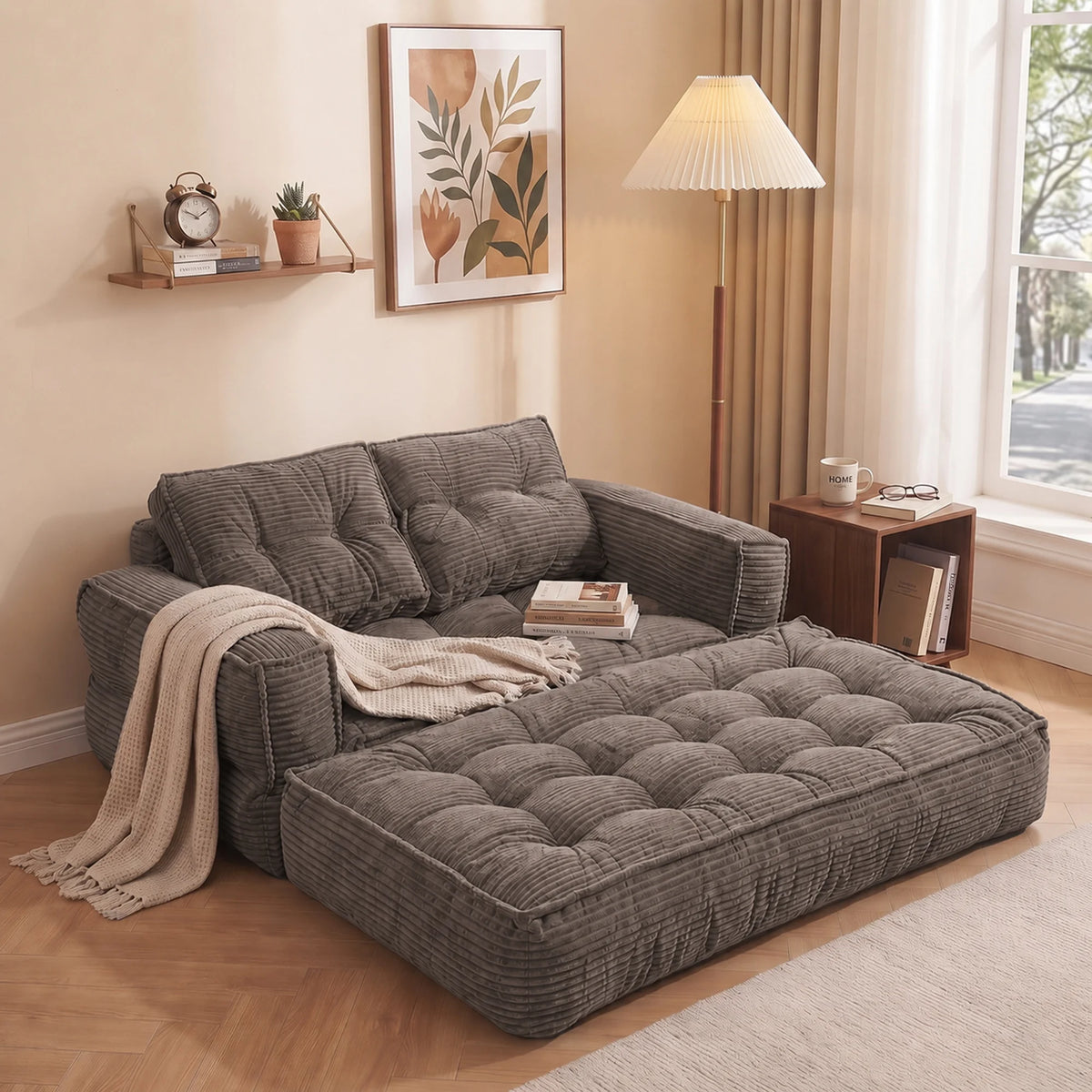 51" Modular Corduroy Floor Couch with Chaise, 2-in-1 Boneless Convertible Sofa Bed, Lazy Double Loveseat with Armrests for Living Room, Apartment & Game Room
