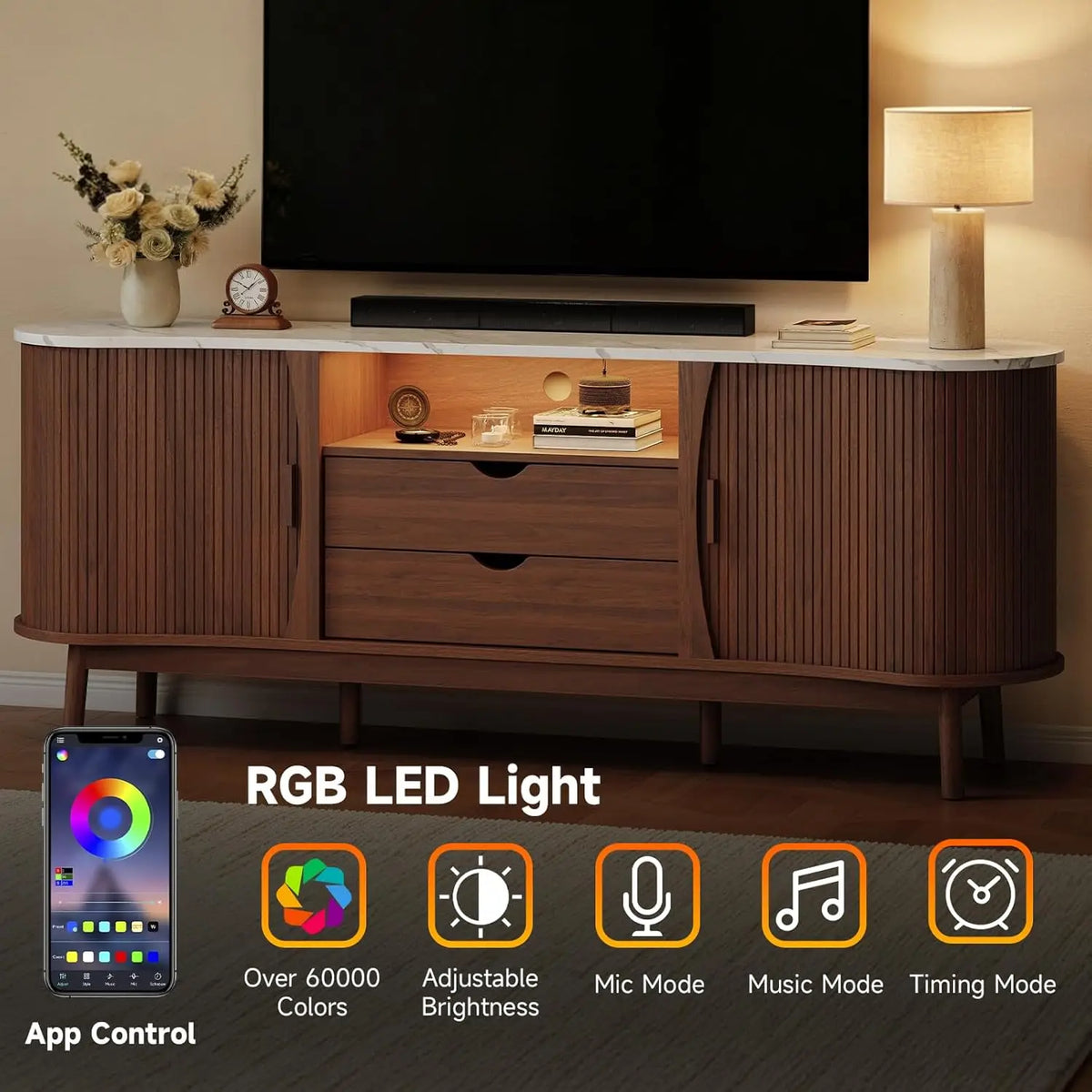 ONBRILL Fluted TV Stand With LED Lighting, USB And Storage