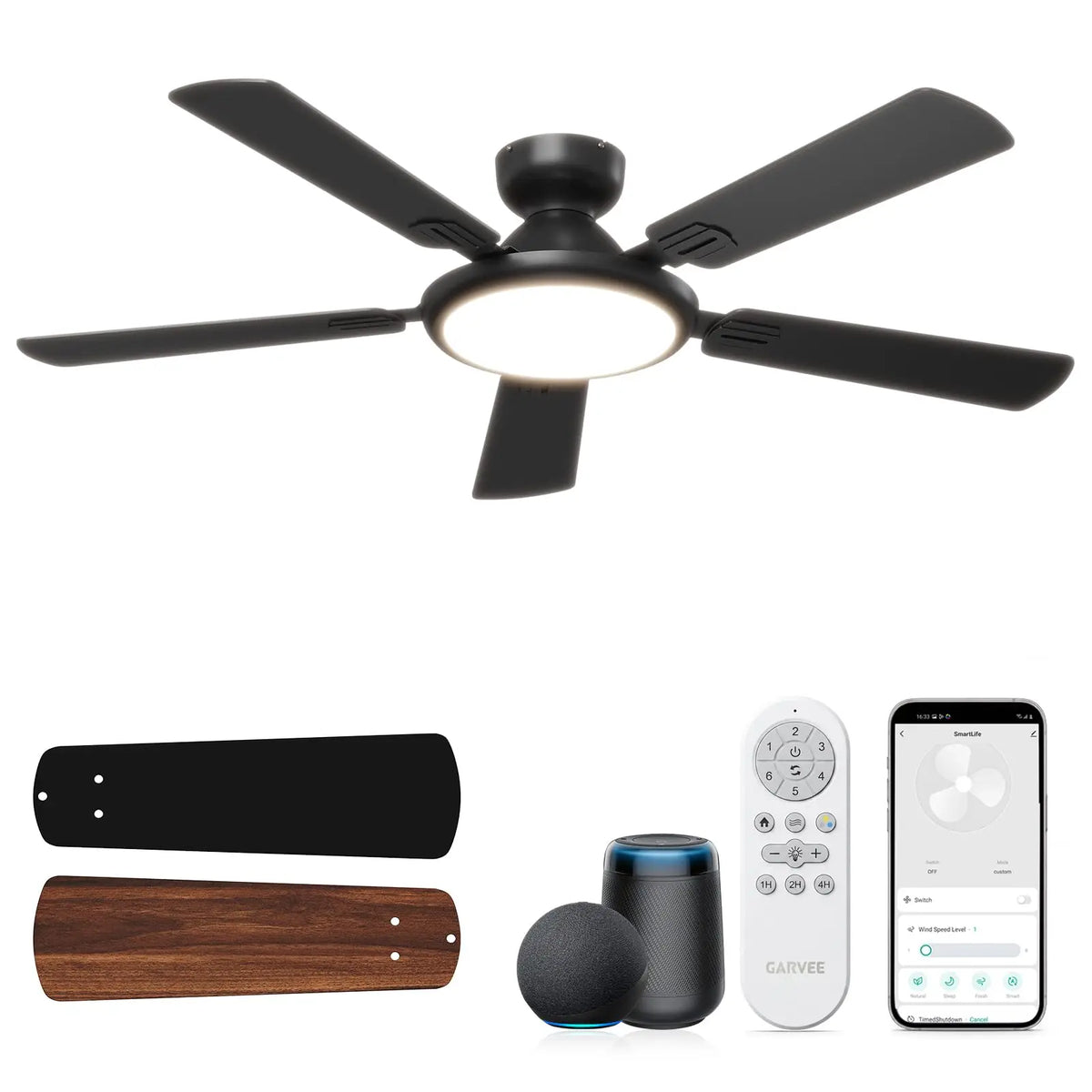 52" Smart Ceiling Fan With Lights, Compatible With Alexa, WiFi App & Remote, Low Profile Flush Mount, Quiet DC Motor