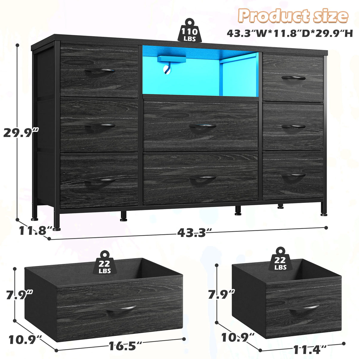 EnHomee 8-Drawer Media Dresser with LED Lighting & Built-in Charging Station - Fabric Storage Cabinet for 55" TVs, Ideal for Bedroom