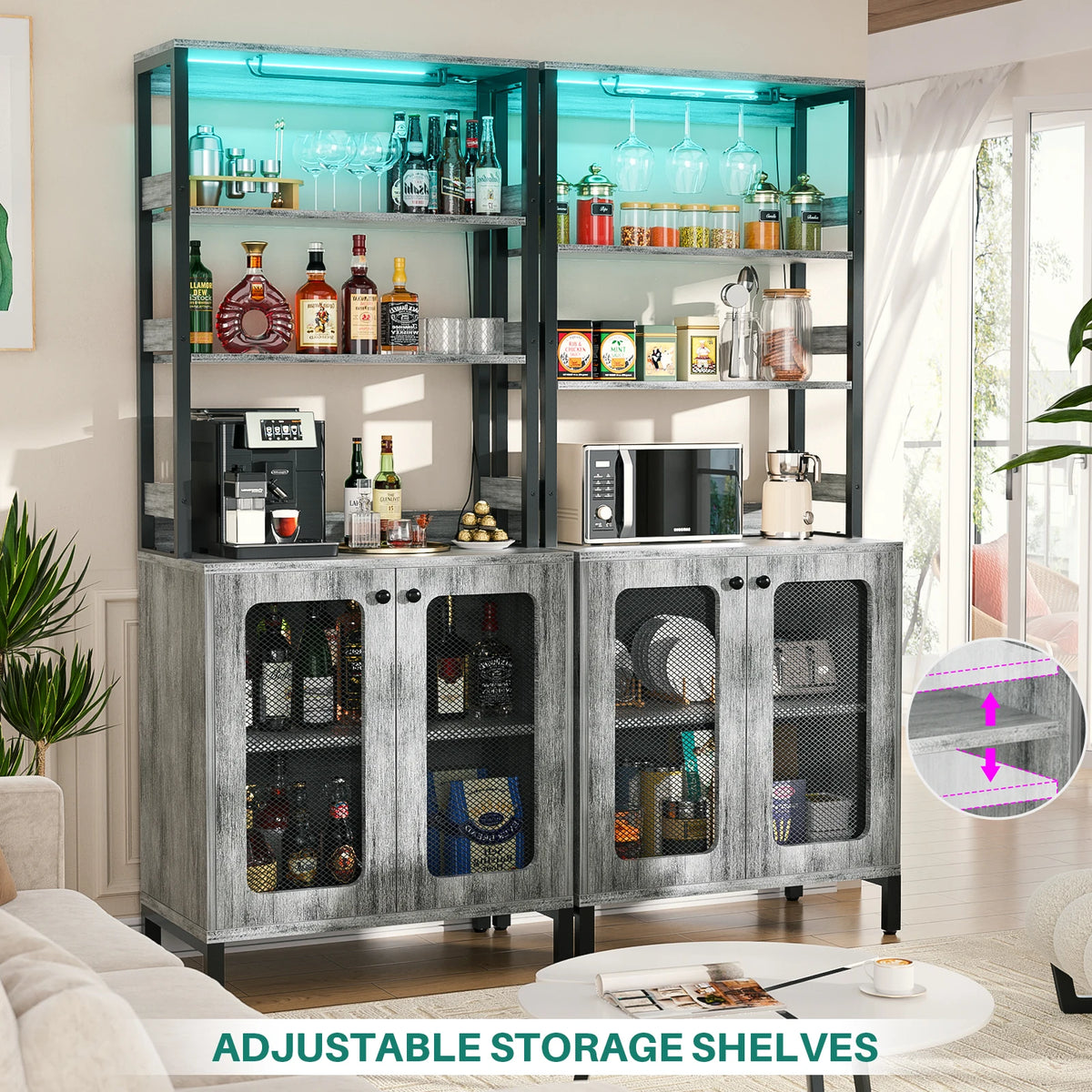 Aheaplus Bar Cabinet With LED Lights Glass Holder And Outlets