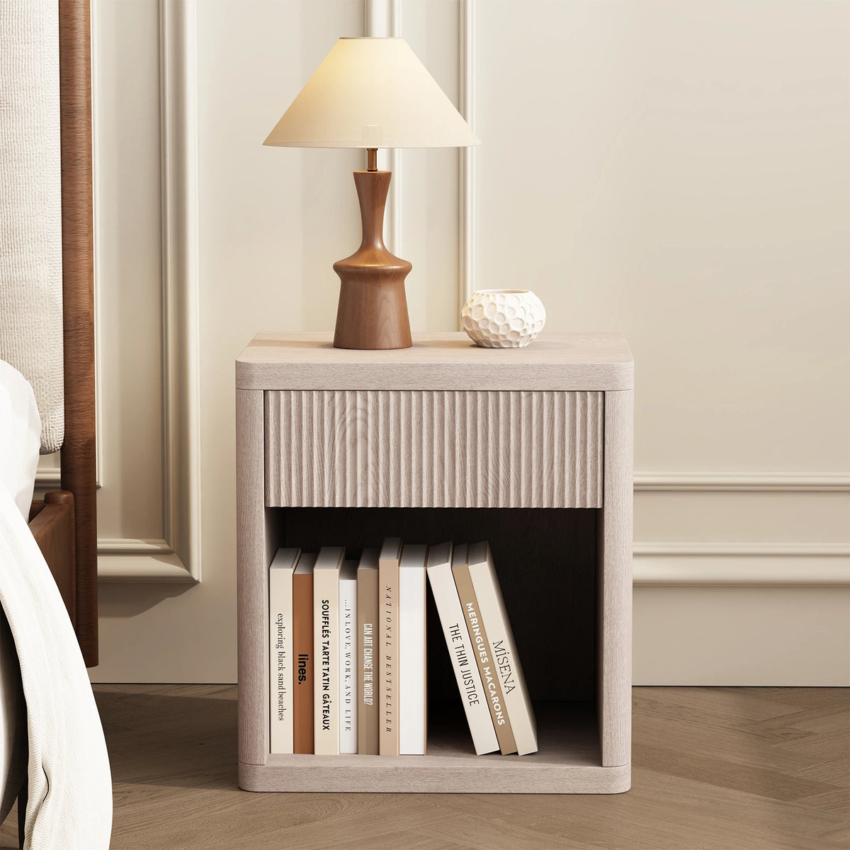 JHK 23IN Wooden End Table with Fluted Front Living Room Cabinet Mid Century Modern Night Stand with Drawer and Open Shelf Sturdy Compact Sofa Side Table for Bedroom