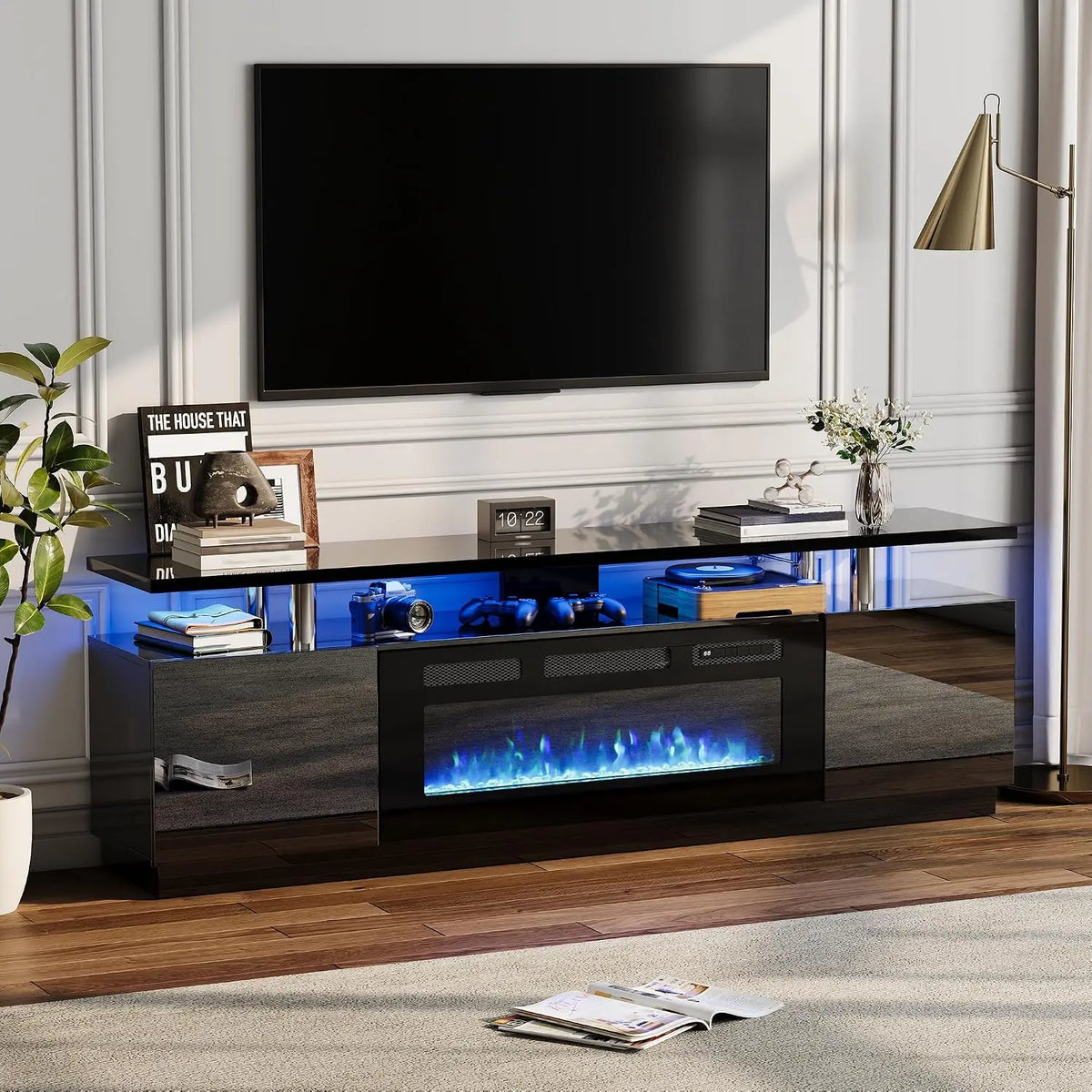 Modern Electric Fireplace TV Stand With Cabinets And Media Storage