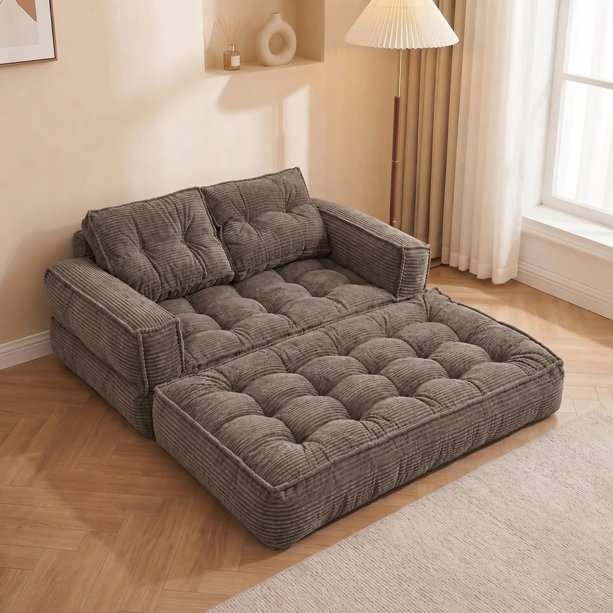 51" Modular Corduroy Floor Couch with Chaise, 2-in-1 Boneless Convertible Sofa Bed, Lazy Double Loveseat with Armrests for Living Room, Apartment & Game Room