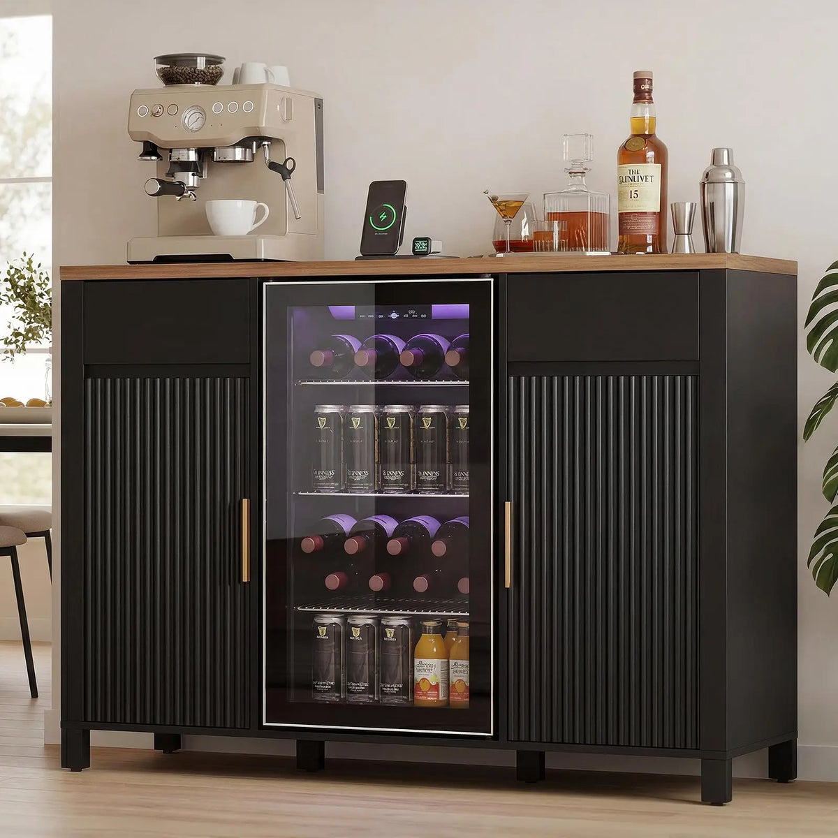 HiMISS Fluted Coffee Bar Cabinet With Mini Fridge Wine Rack