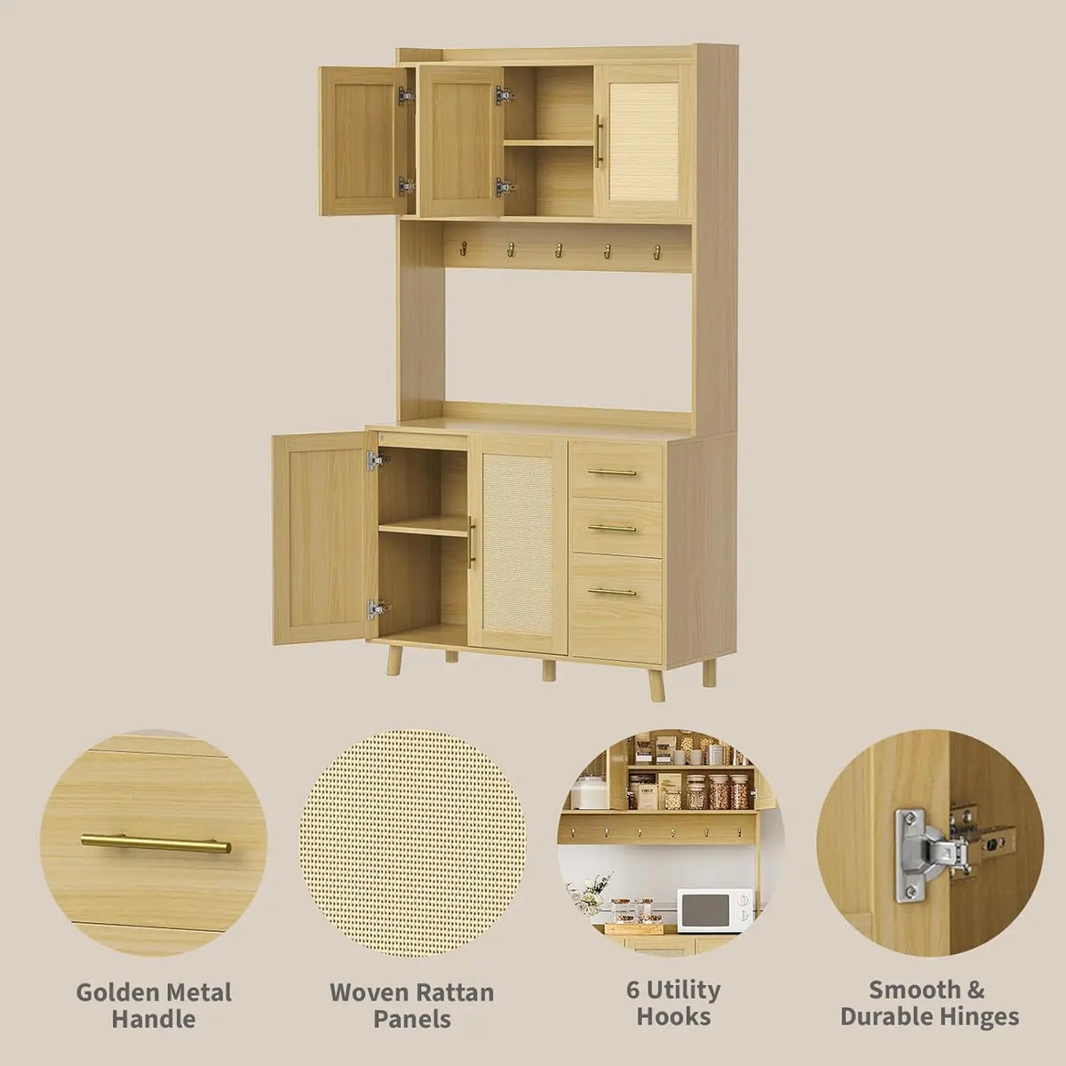 HiMISS Rattan Pantry Cabinet With Drawers Hooks And Adjustable Shelves