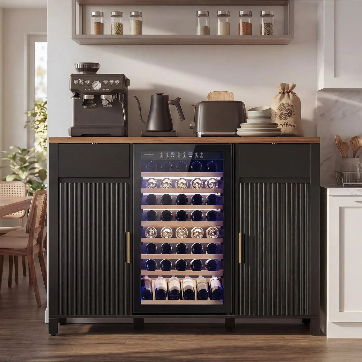 HiMISS Fluted Coffee Bar Cabinet With Mini Fridge Wine Rack